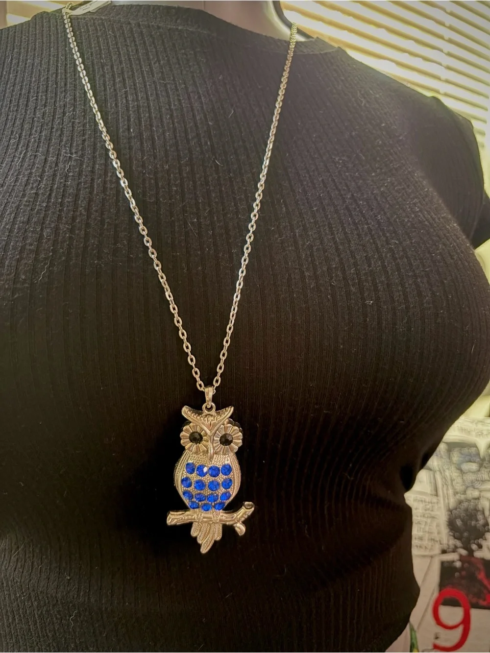 Silver Owl Pendant Necklace with Blue Crystal Accents